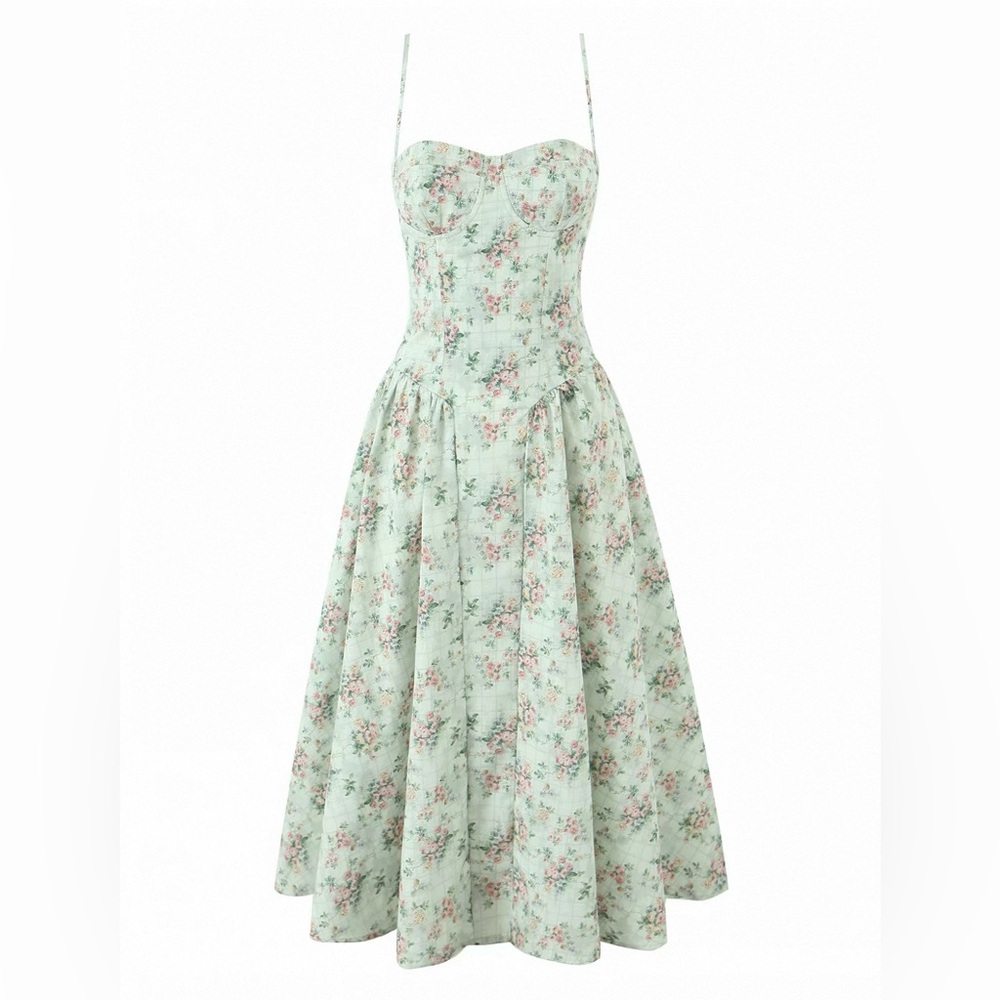 Floral Mint Green Spaghetti Strap Midi Dress